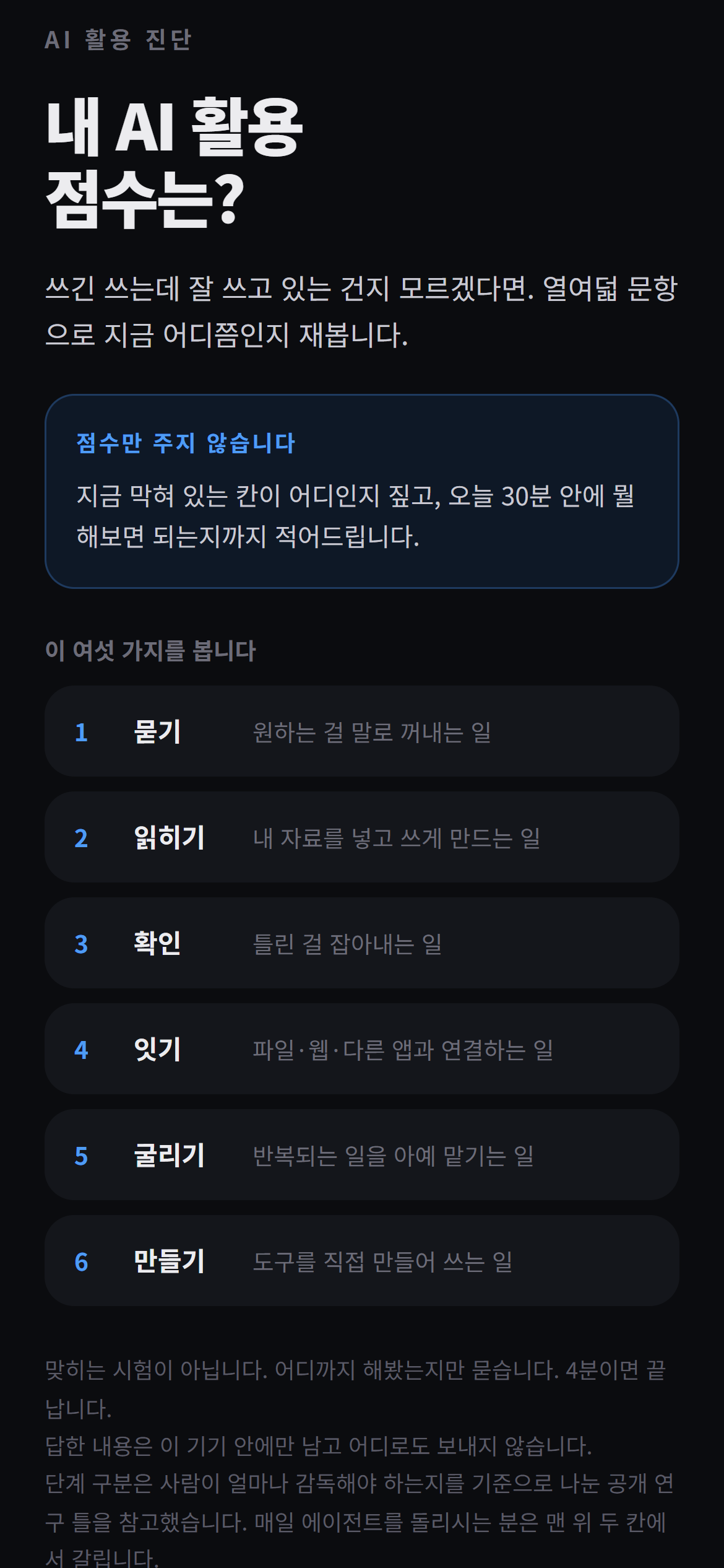 내 AI 활용 점수는? 시작 화면. 여섯 영역 — 묻기·읽히기·확인·잇기·굴리기·만들기.