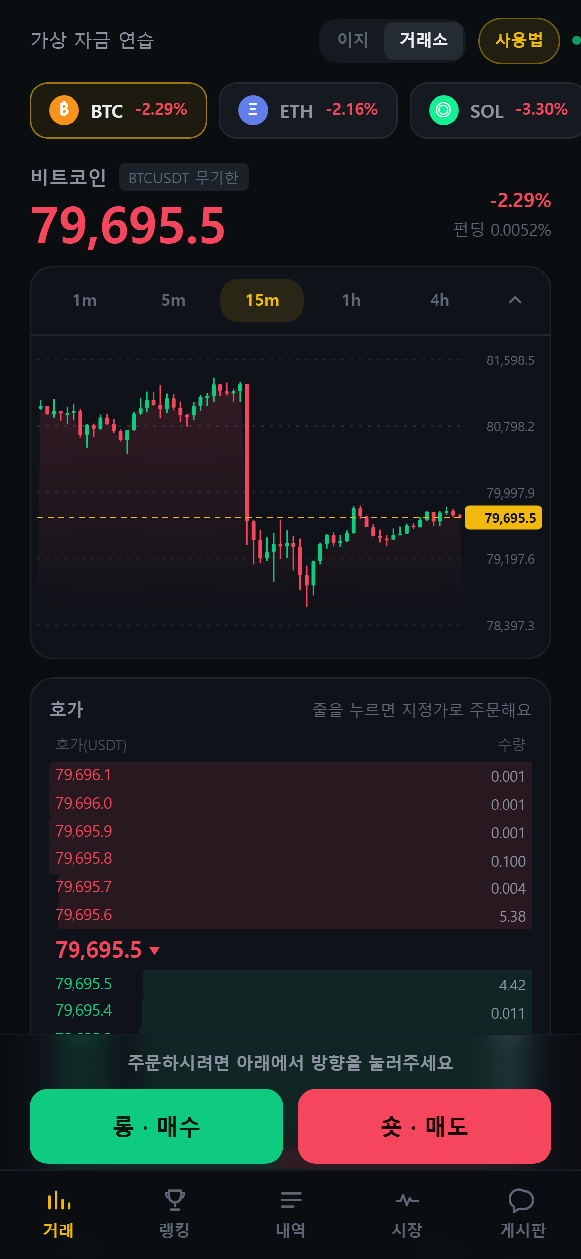 해외 코인 선물 챌린지 거래 화면. 비트코인 캔들 차트와 호가창, 롱과 숏 버튼.