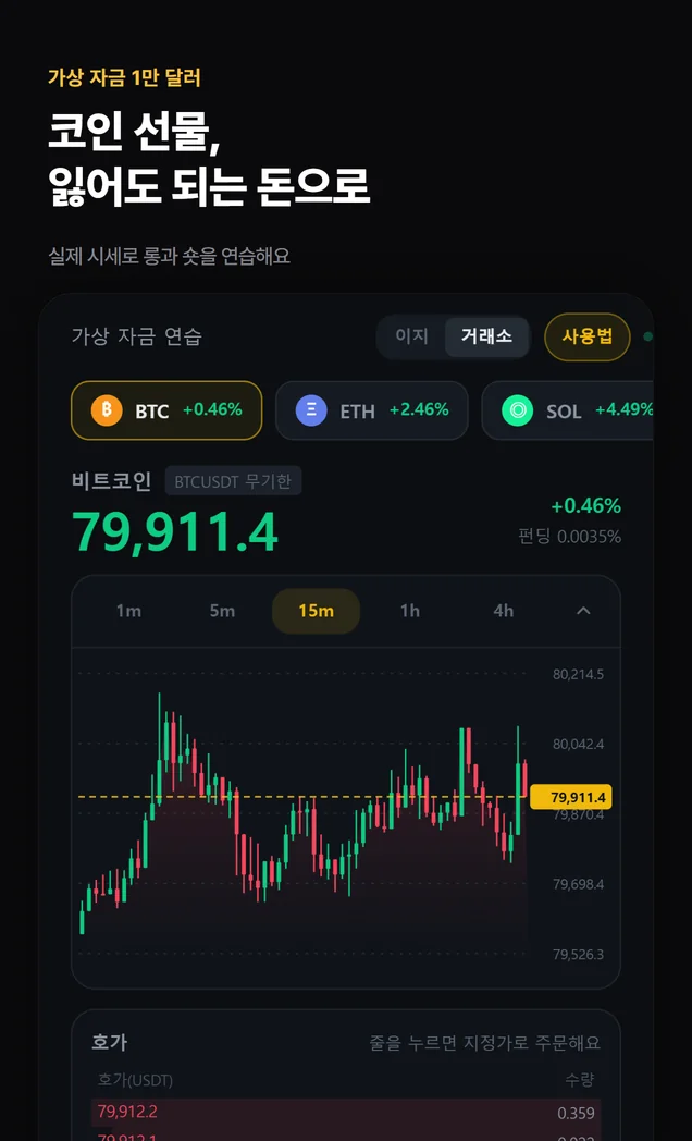 코인 선물 챌린지의 실제 거래 화면